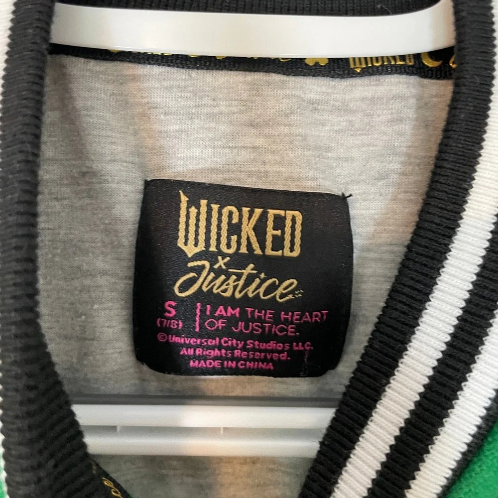 Justice x Wicked Green Black Varsity Letterman Jacket Kids Size S 7/8 Bomber